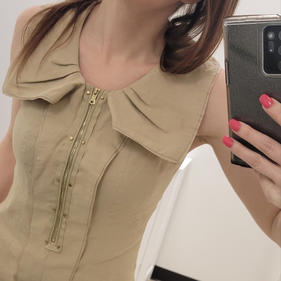 🅴 Elie Tahari Linen Khaki Sleeveless Sheath Dress, Front Gold Zipper & Studs - Picture 1 of 9